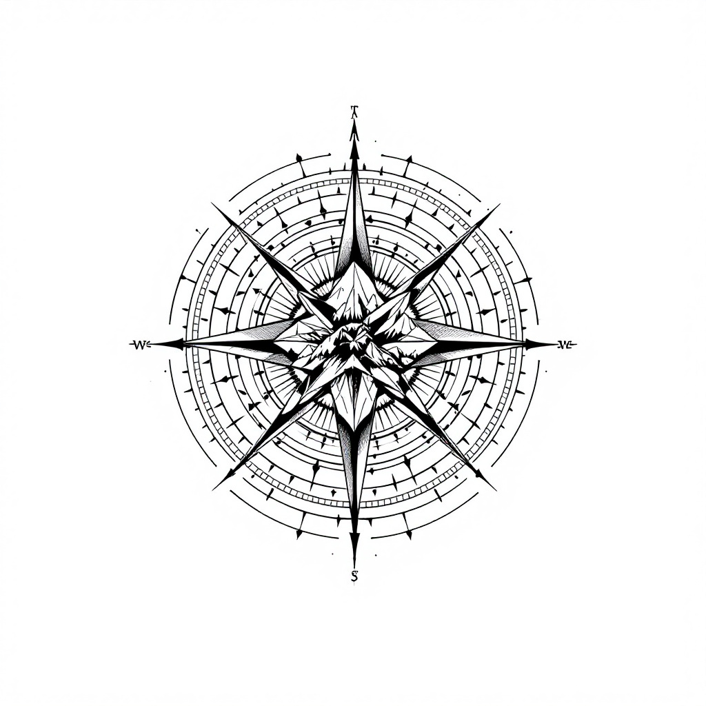 AI tattoo design: a compass with mountains inside, Geometric style