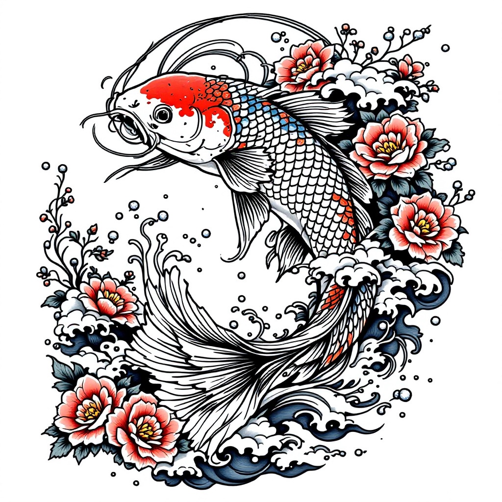 AI tattoo design: a koi fish swimming upstream, Japanese style