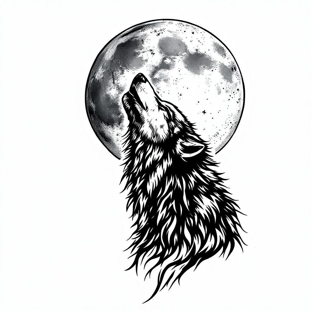 AI tattoo design: a wolf howling at the moon, Blackwork style