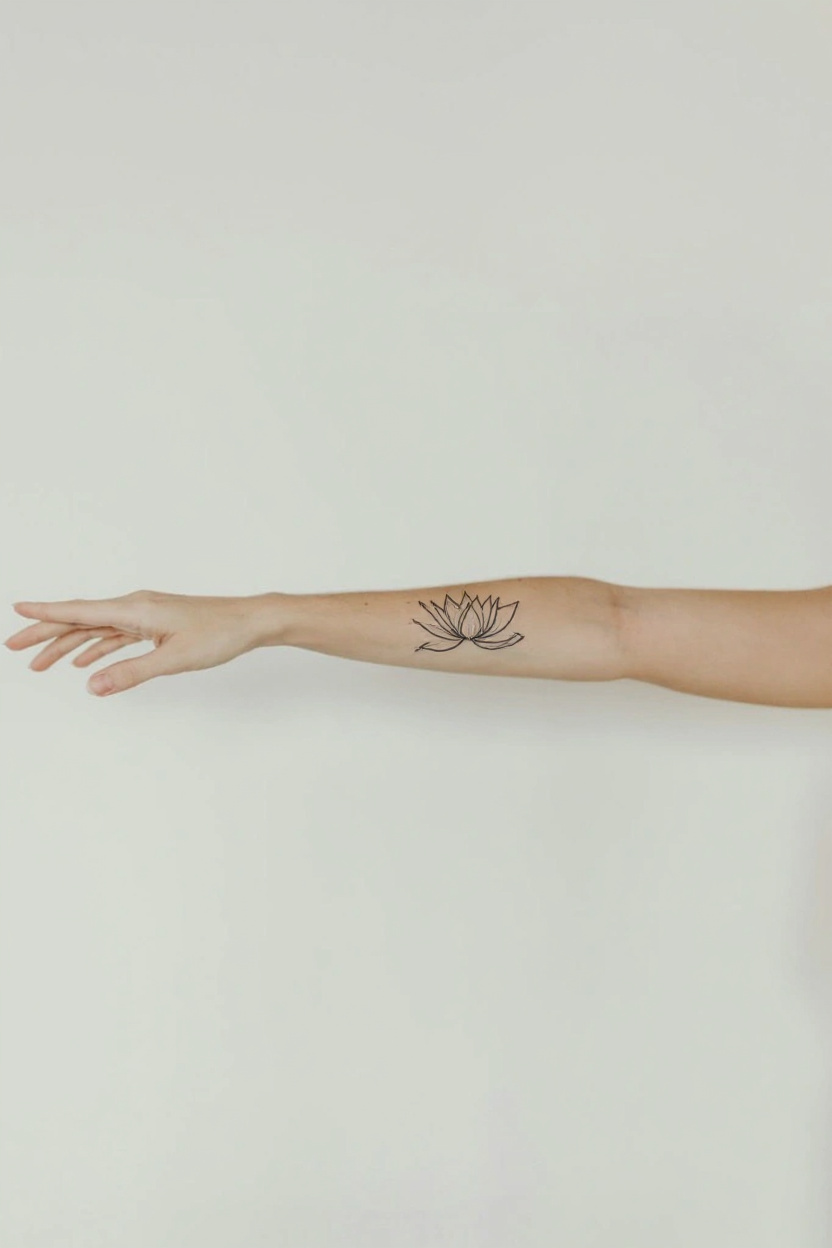 Forearm with an AI tattoo preview: a small lotus flower