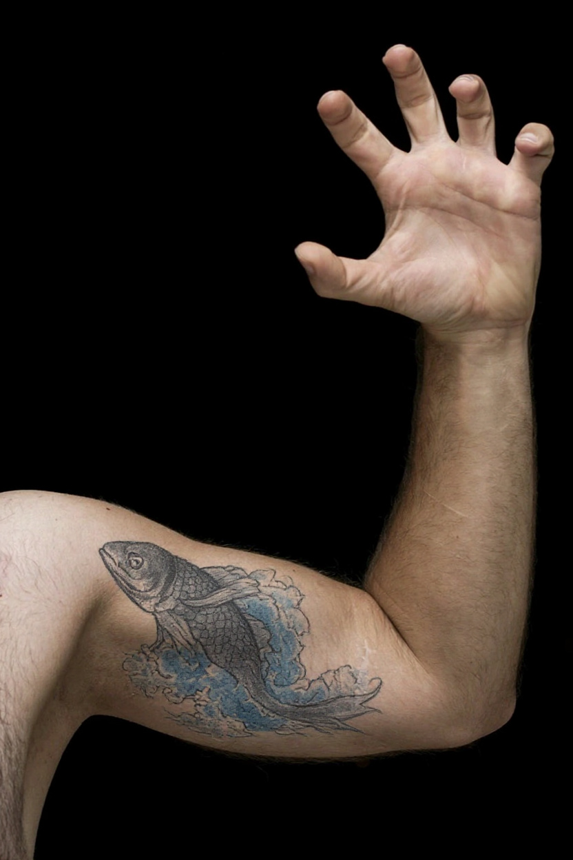Upper arm with an AI tattoo preview: a koi fish swimming upstream